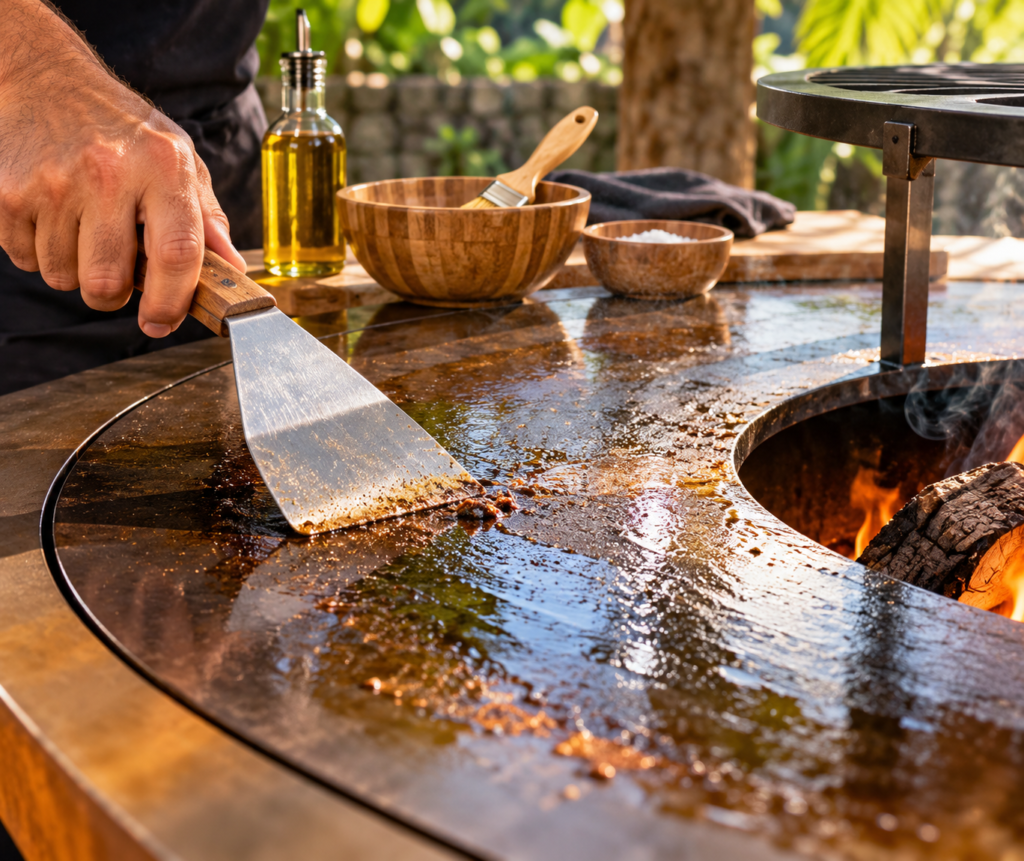 Gros plan sur une plancha de brasero, spatule grattant la plaque lors de son entretien